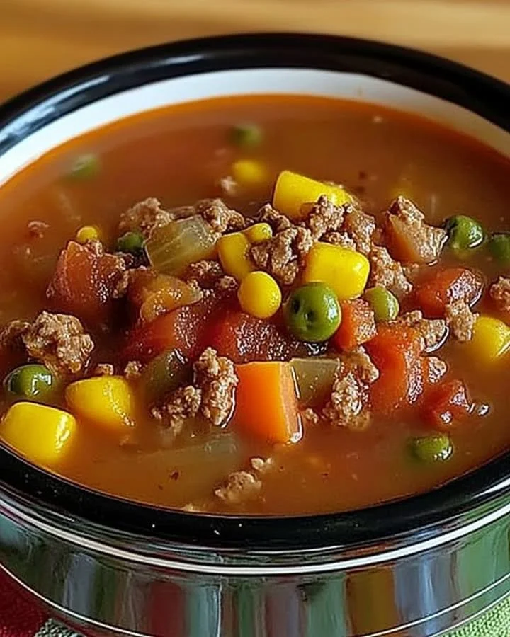 Delicious Heart Crock Pot Cowboy Soup simmering in a bowl