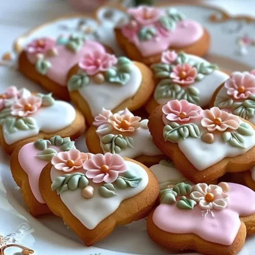Heart shaped cookies decorated with royal icing and fondant flowers for baking enthusiasts.