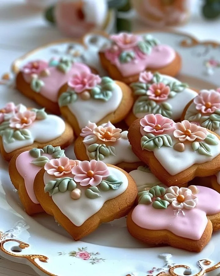Heart shaped cookies decorated with royal icing and fondant flowers for baking enthusiasts.
