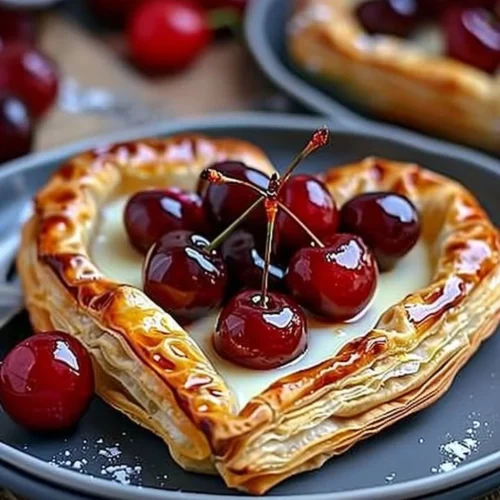 Heart shaped puff pastries with custard filling and cherries on a plate