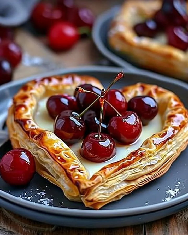 Heart shaped puff pastries with custard filling and cherries on a plate