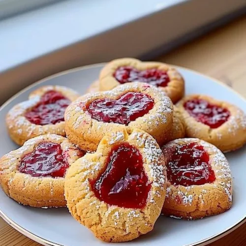 Heart-shaped raspberry jam cookies decorated with powdered sugar