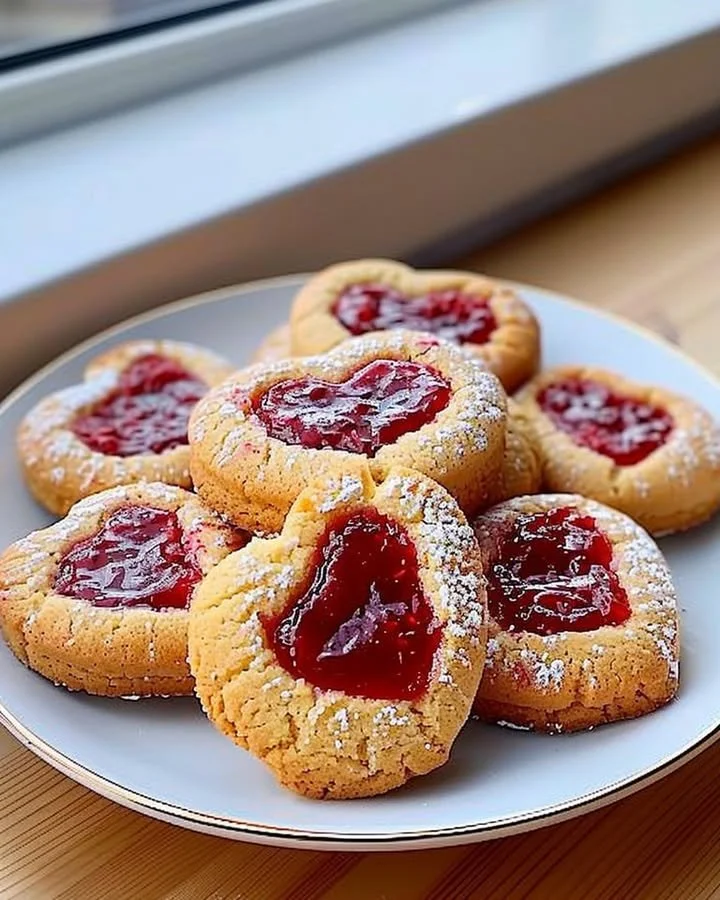 Heart-shaped raspberry jam cookies decorated with powdered sugar