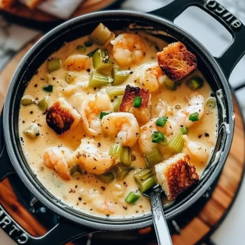 Bowl of hearty shrimp bisque garnished with herbs and spices.