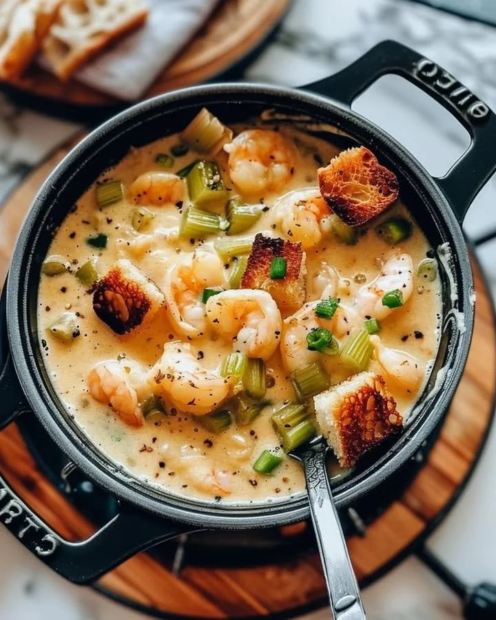 Bowl of hearty shrimp bisque garnished with herbs and spices.