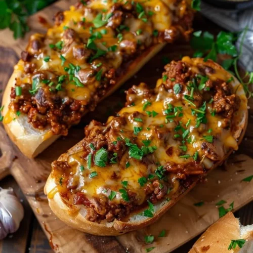 Hearty sloppy joe melts served on toasted garlic bread, garnished with herbs.
