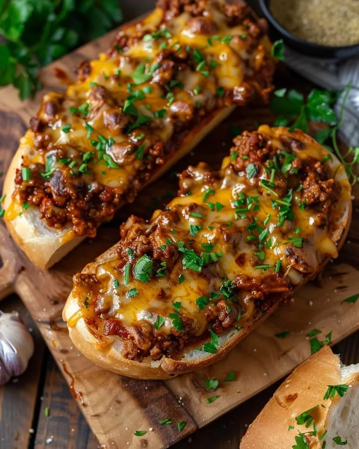 Hearty sloppy joe melts served on toasted garlic bread, garnished with herbs.