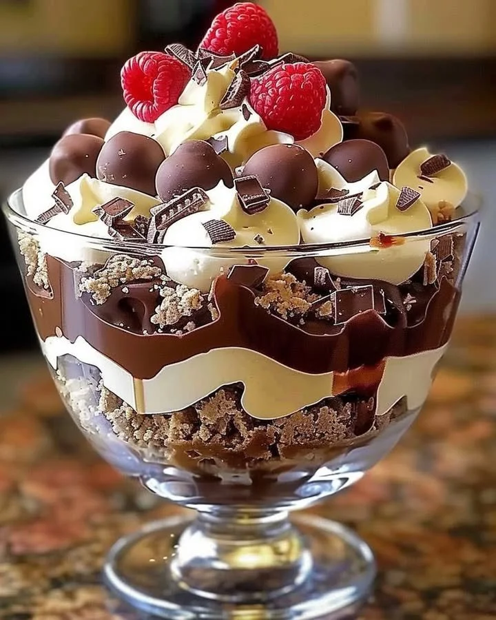 Heavenly Chocolate Cheesecake Trifle with rich layers of chocolate and cheesecake