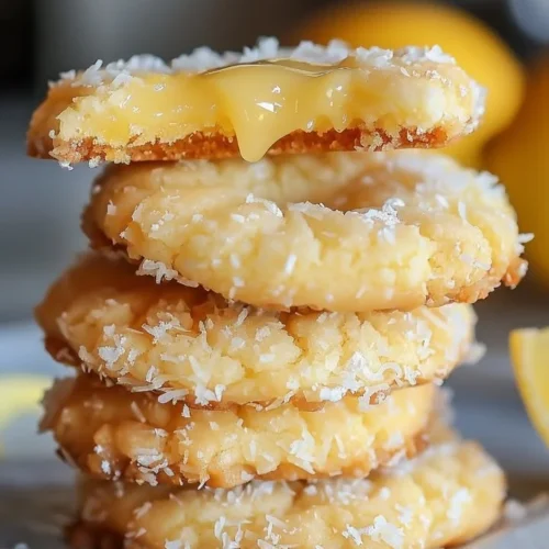 Heavenly coconut lemon curd cookies on a baking tray, garnished with lemon zest.