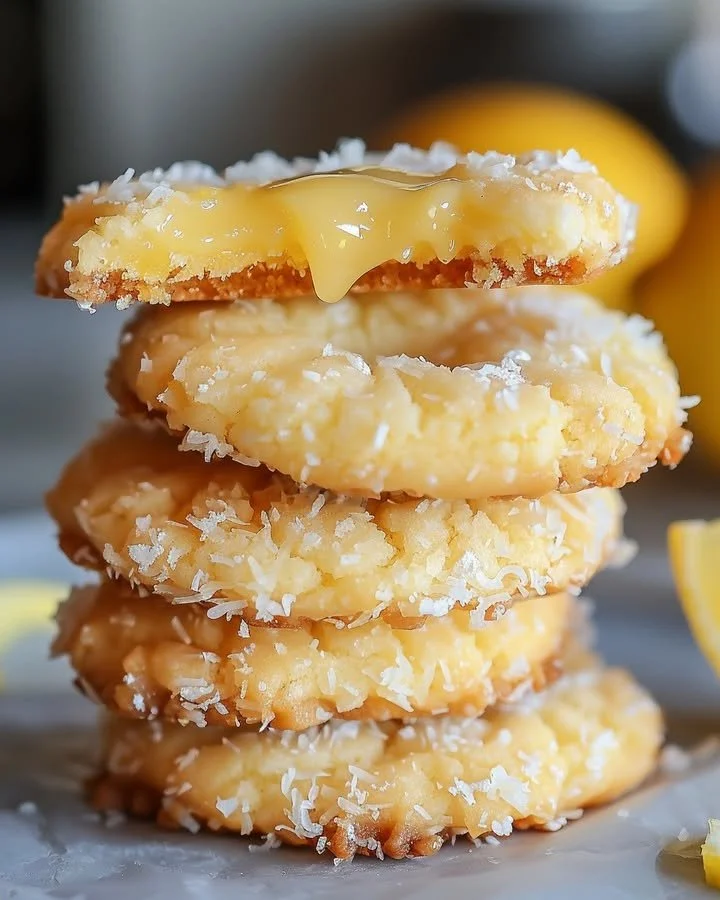 Heavenly coconut lemon curd cookies on a baking tray, garnished with lemon zest.