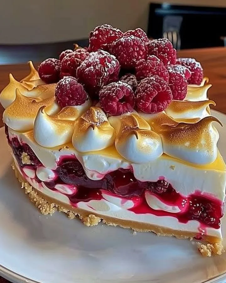 Heavenly Lemon Raspberry Meringue Cheesecake topped with light, fluffy meringue.