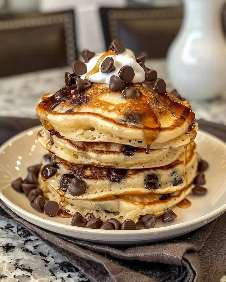 Delicious Heavenly Morsels chocolate pancakes topped with whipped cream and chocolate syrup.
