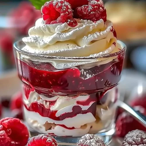 Heavenly raspberry white chocolate mousse parfait dessert