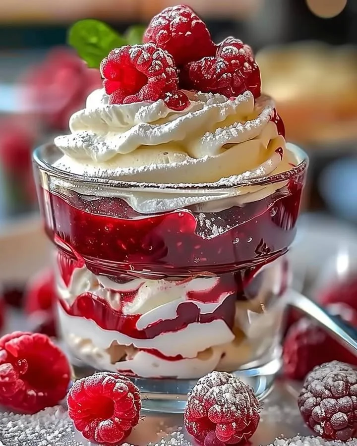 Heavenly raspberry white chocolate mousse parfait dessert