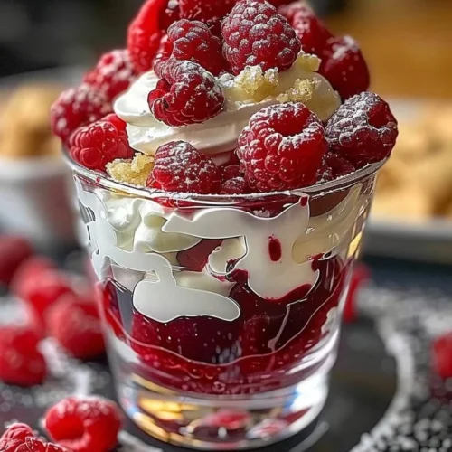 Heavenly raspberry mousse parfait layered with white chocolate.