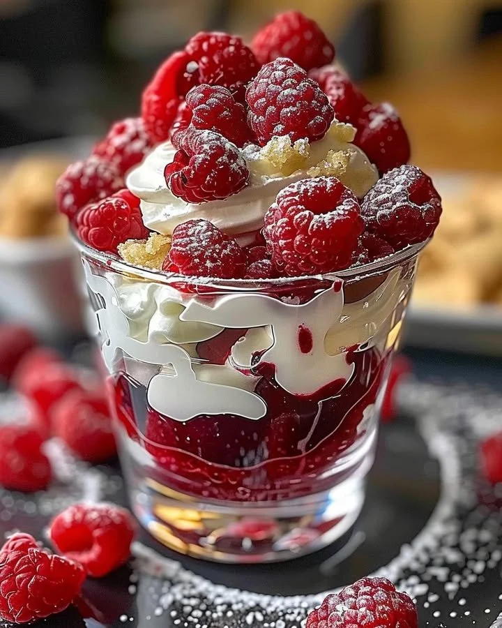 Heavenly raspberry mousse parfait layered with white chocolate.