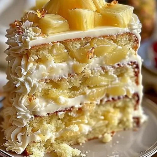 Heavenly White Chocolate Pineapple Cake with creamy frosting and fresh fruit