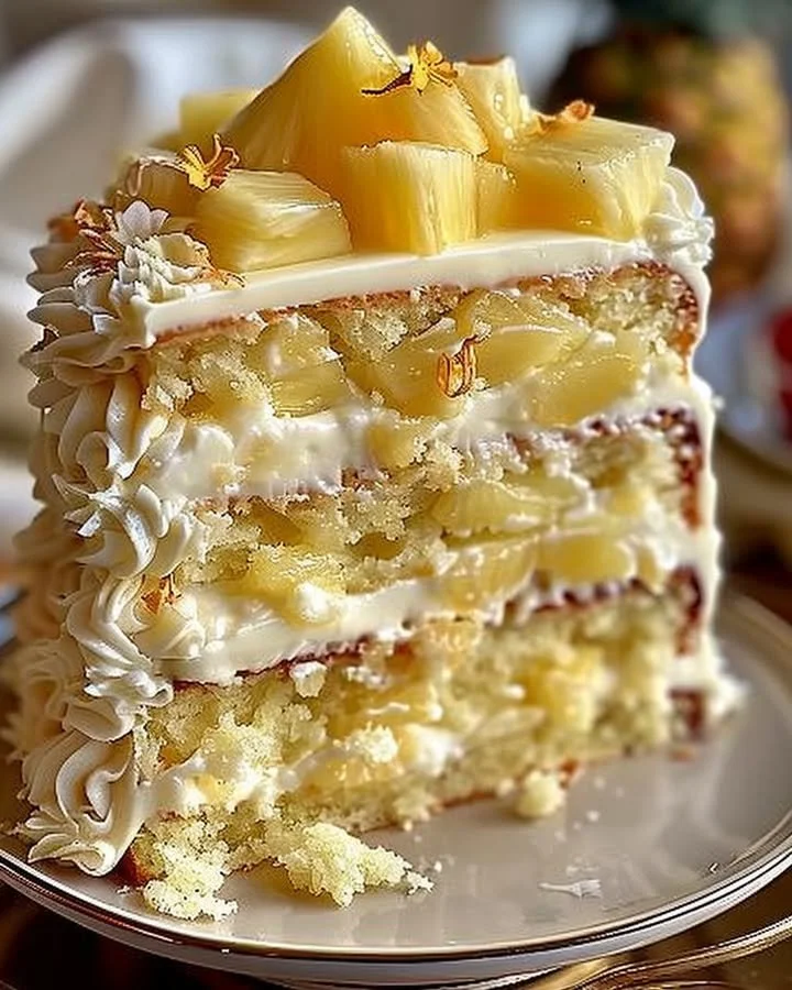 Heavenly White Chocolate Pineapple Cake with creamy frosting and fresh fruit