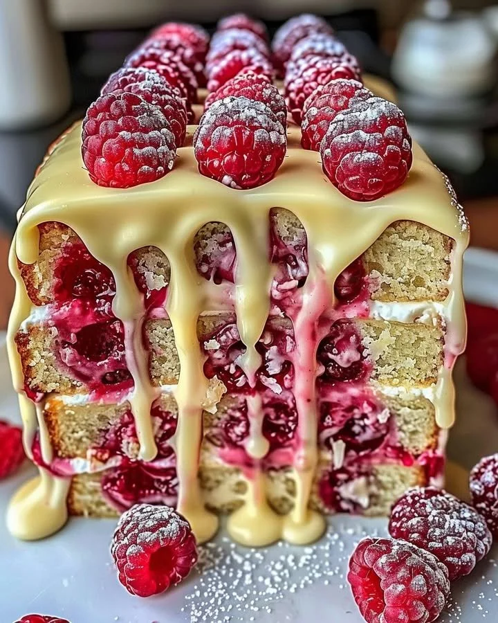 Heavenly white chocolate raspberry cake adorned with fresh raspberries and white chocolate shavings.