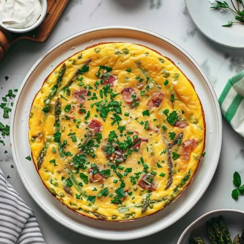 Delicious herb frittata with asparagus and pancetta served on a plate