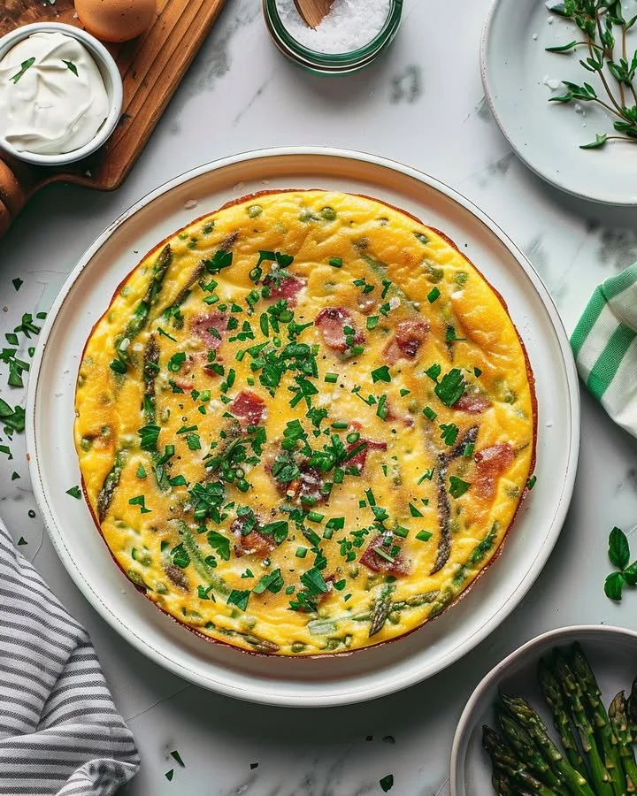 Delicious herb frittata with asparagus and pancetta served on a plate