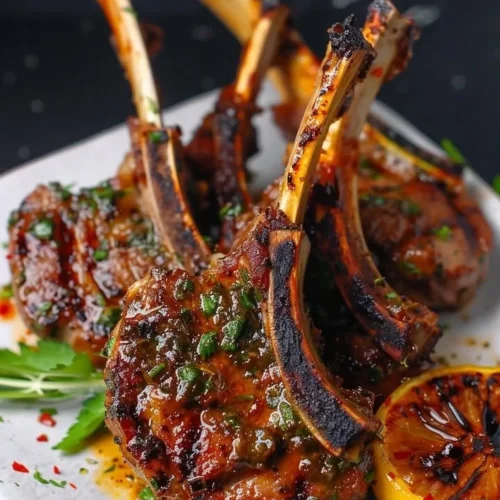 Herbaceous lamb chops garnished with fresh herbs on a plate.
