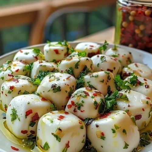 Herbed marinated mozzarella with olive oil and garlic served in a dish.