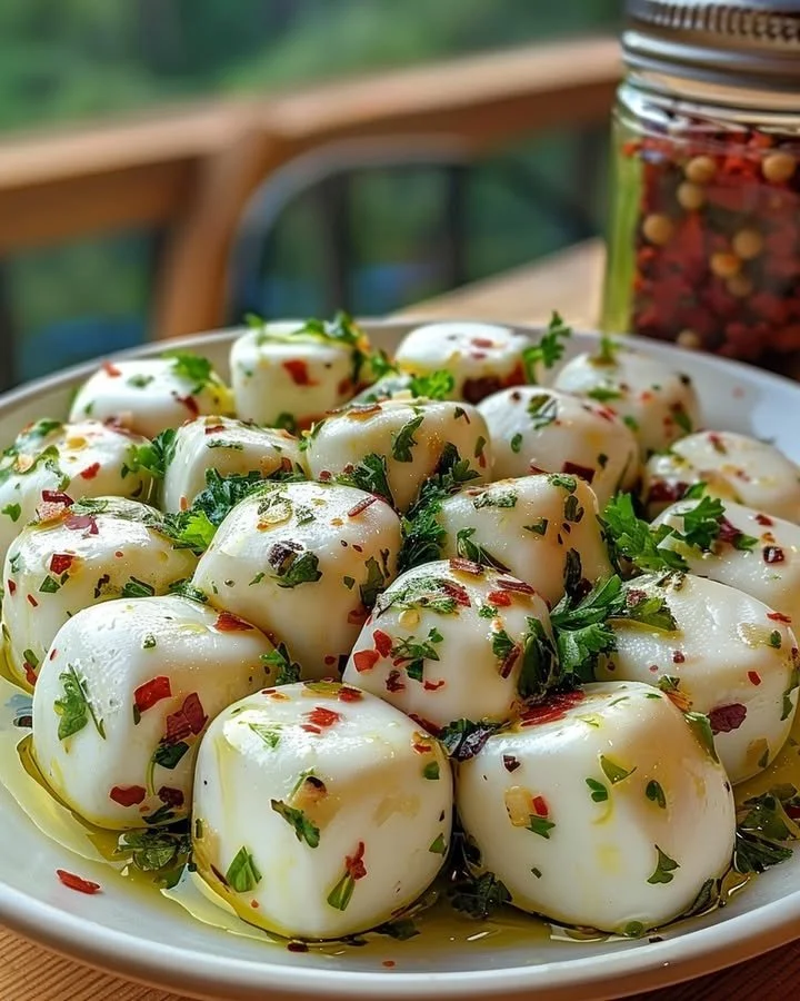 Herbed marinated mozzarella with olive oil and garlic served in a dish.