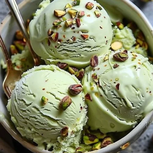 A bowl of high protein pistachio ice cream topped with nuts