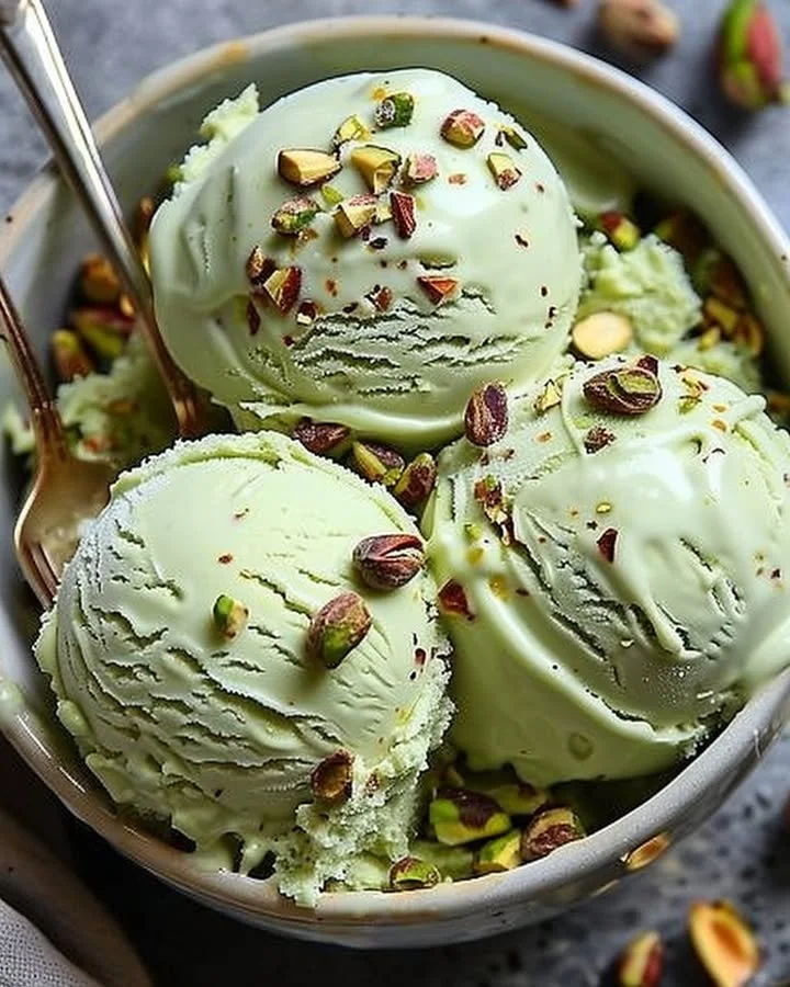 A bowl of high protein pistachio ice cream topped with nuts