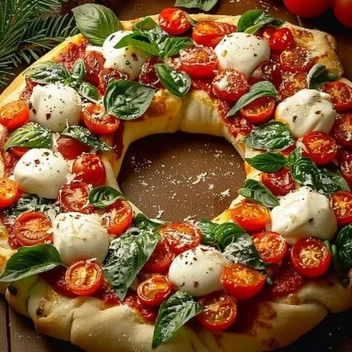 Festive Holiday Wreath Pizza decorated with seasonal ingredients for a delightful meal.