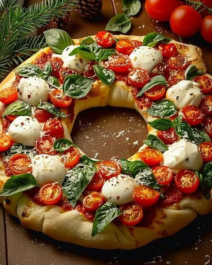 Festive Holiday Wreath Pizza decorated with seasonal ingredients for a delightful meal.
