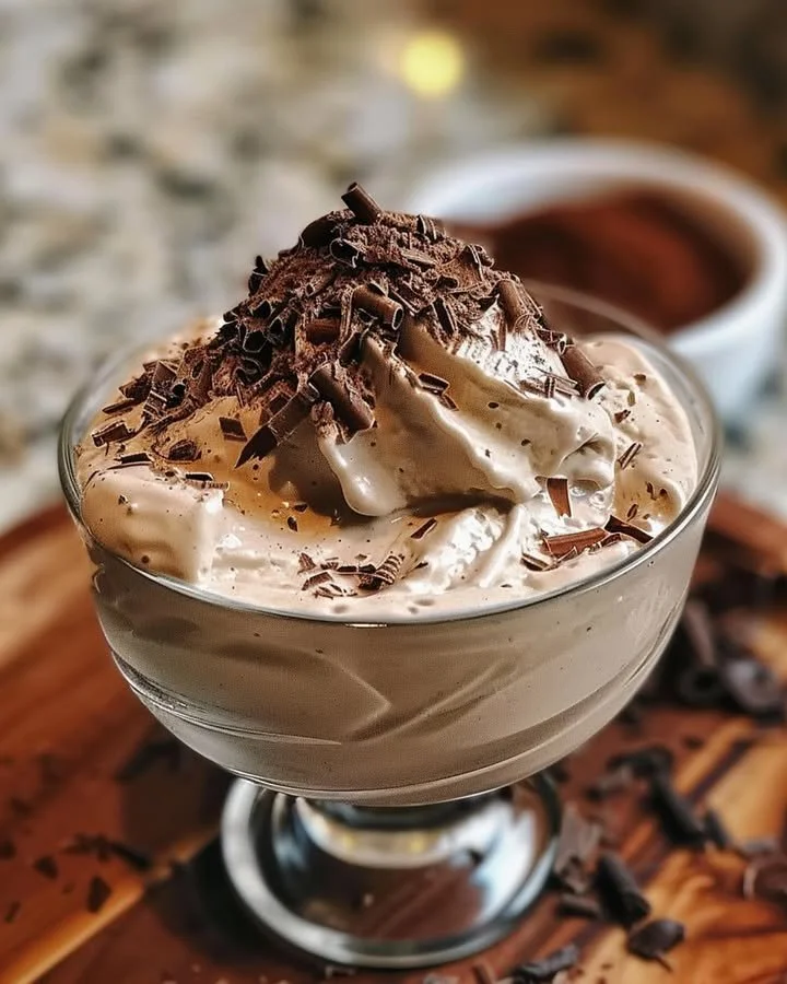 Bowl of homemade Baileys ice cream topped with chocolate shavings