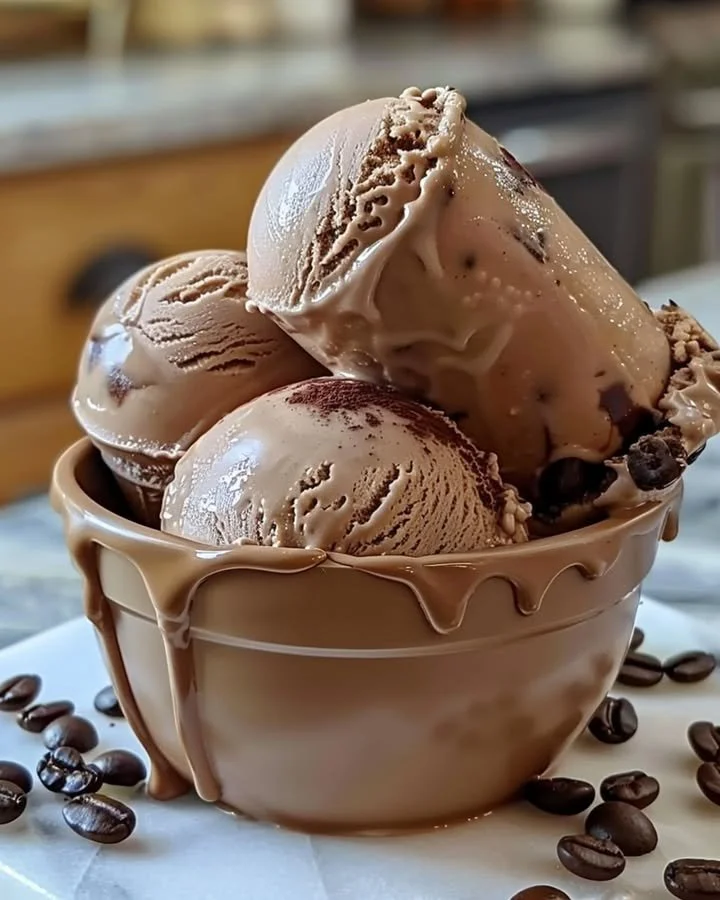 Bowl of homemade coffee ice cream topped with coffee beans and chocolate curls