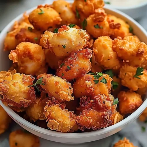 Plate of homemade popcorn chicken served with dipping sauce