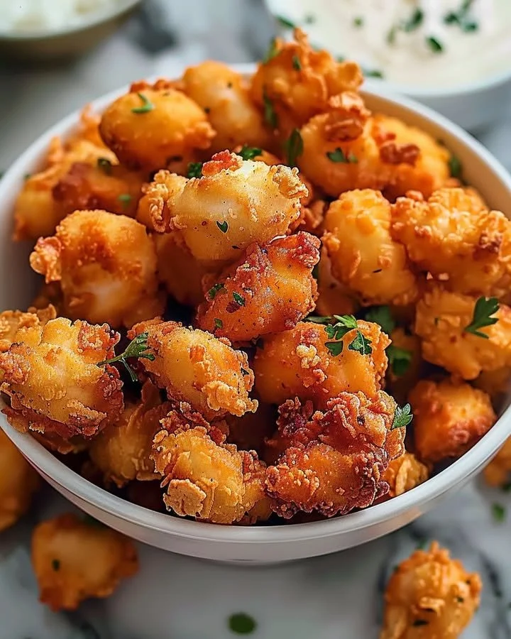Plate of homemade popcorn chicken served with dipping sauce