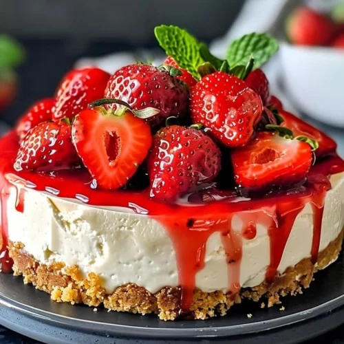 Homemade strawberry cheesecake topping on a slice of cheesecake