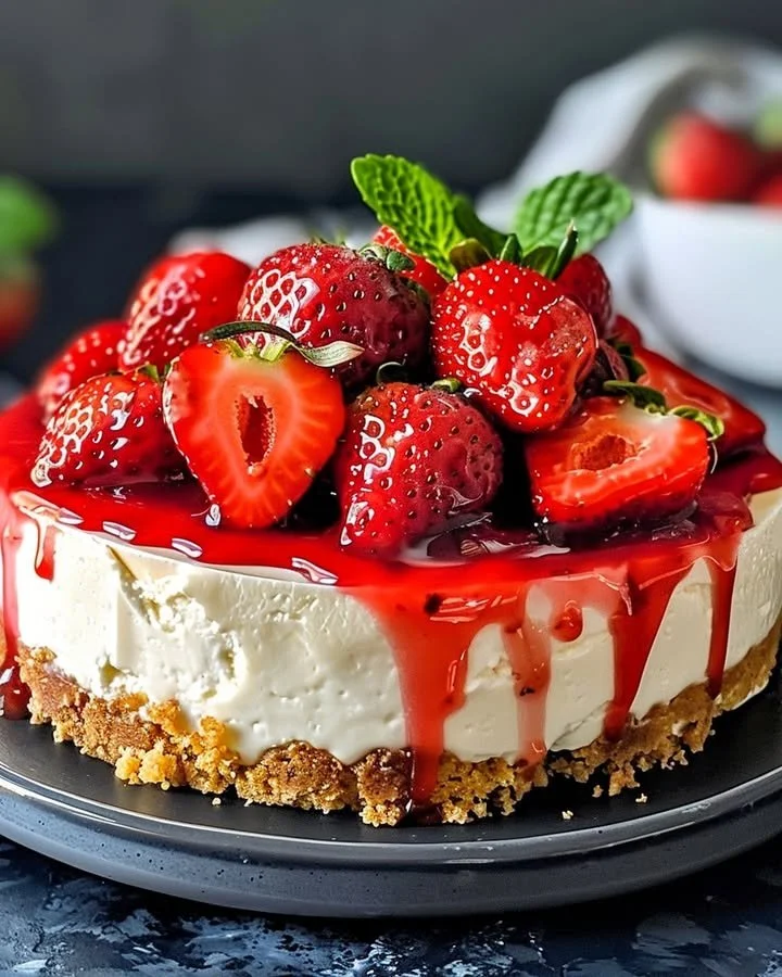 Homemade strawberry cheesecake topping on a slice of cheesecake