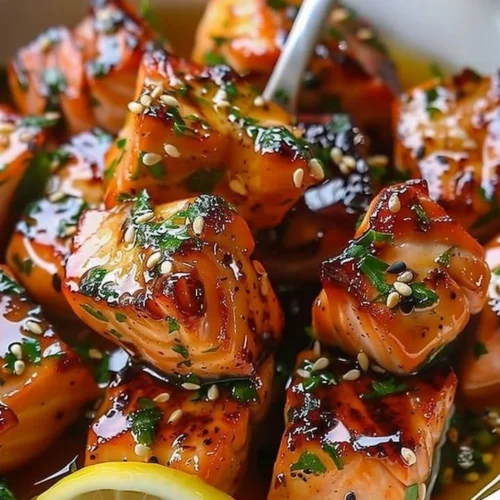 Delicious Honey Butter Garlic Salmon Bites drizzled with glaze on a plate