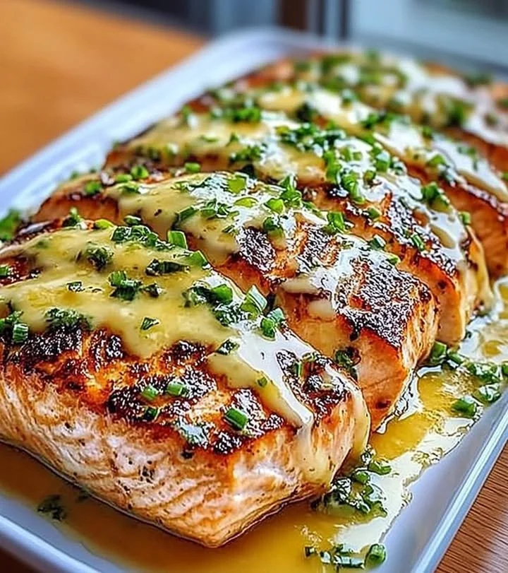 Delicious honey lime garlic butter baked salmon on a platter