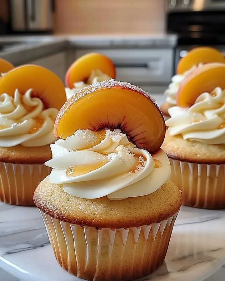 Delicious honey peach cream cheese cupcakes topped with peach frosting