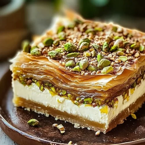 Slice of Honey Pistachio Baklava Cheesecake topped with pistachios and honey