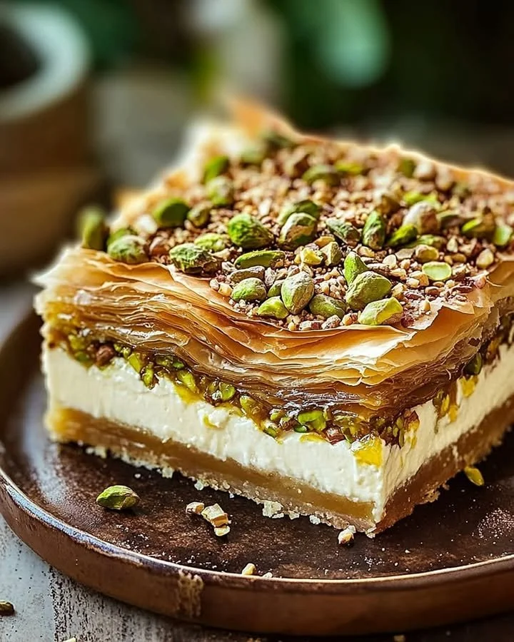 Slice of Honey Pistachio Baklava Cheesecake topped with pistachios and honey