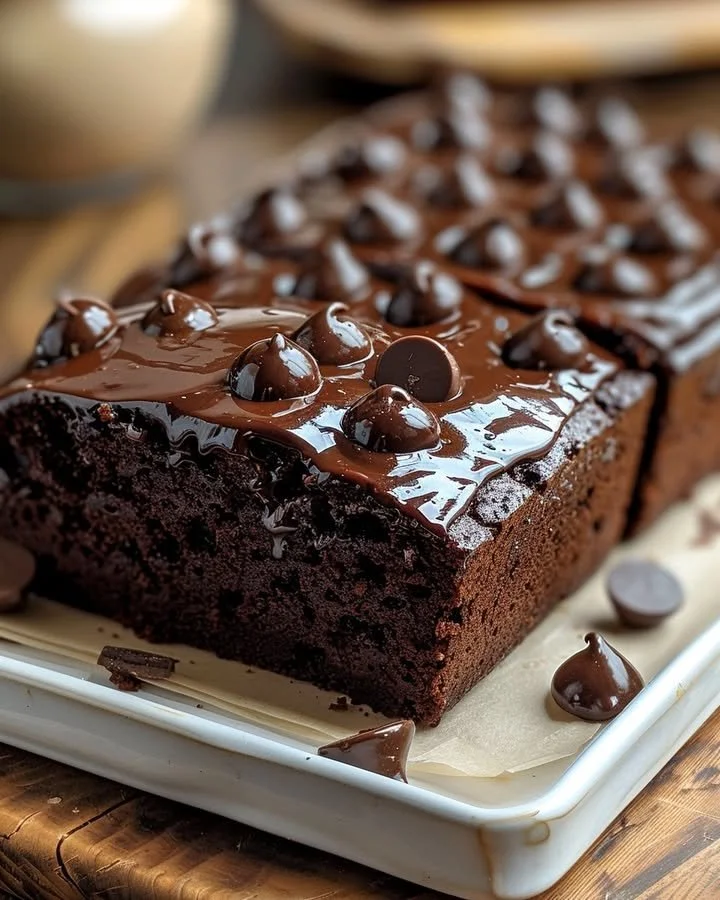 Delicious hot fudge brownie bread served on a wooden table