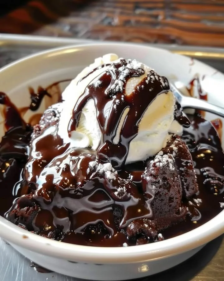 Delicious hot fudge chocolate pudding cake served on a plate