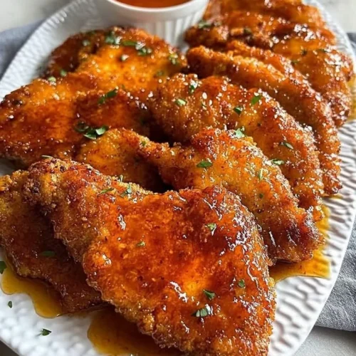 Crispy Hot Honey Chicken Cutlets served with a side of vegetables
