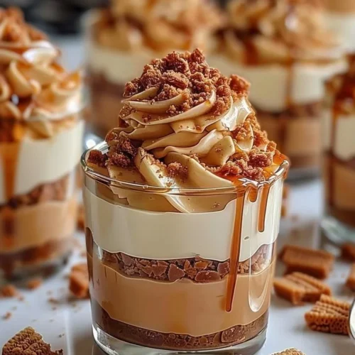 Indulgent Biscoff cheesecake cups with crunchy toppings served in dessert cups