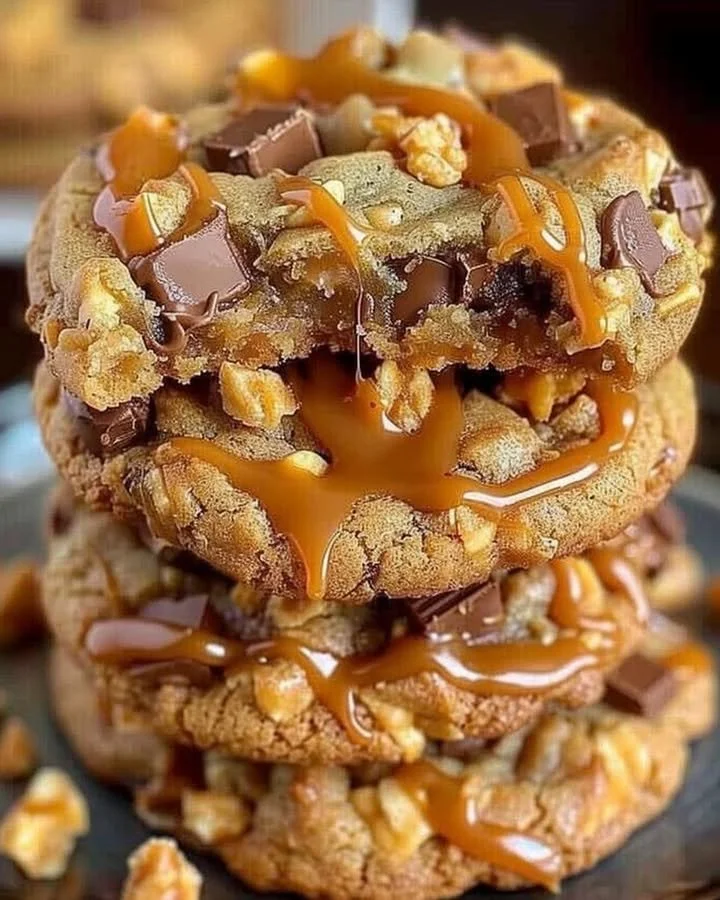 Delicious Butterfinger caramel crunch cookies on a cooling rack.