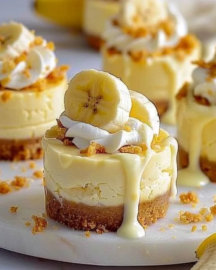 Mini banana pudding cheesecakes topped with whipped cream and banana slices.