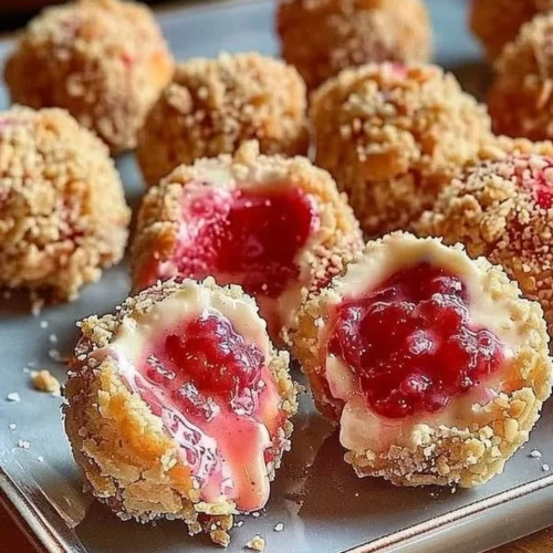 Irresistible strawberry cheesecake crunch bites on a dessert plate.